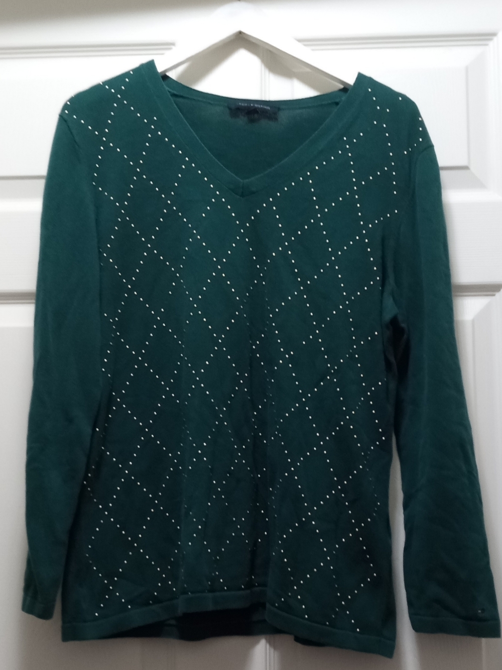 Tommy Hilfiger Emerald Forest Green V-Neck Sweater with Gold Stud Grid- Size: